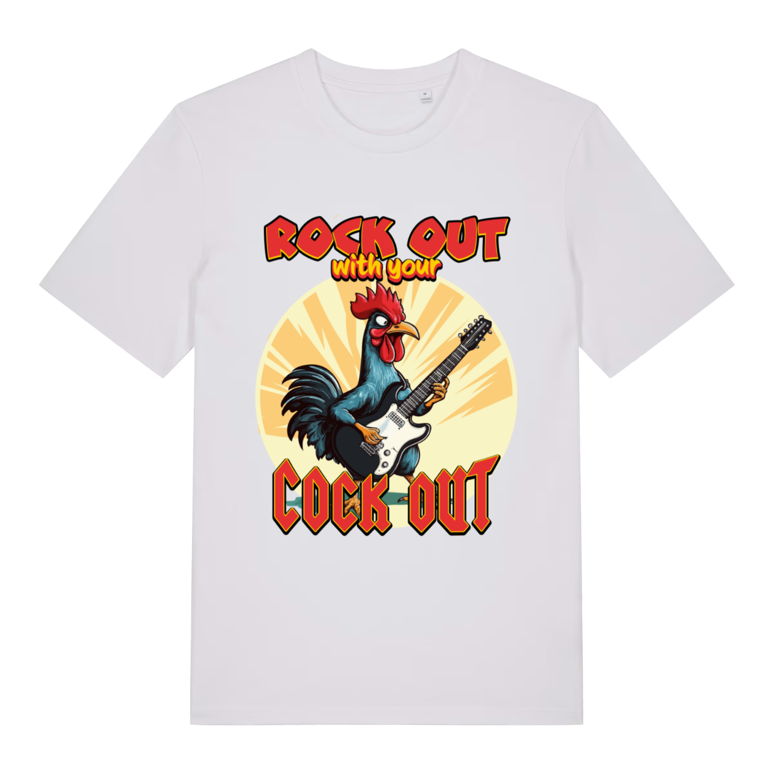 White Rock Out With Your Cock Out funny graphic t-shirt featuring ultimate comedy chicken design  