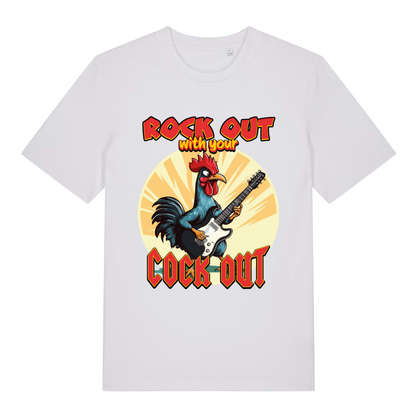 White Rock Out With Your Cock Out funny graphic t-shirt featuring ultimate comedy chicken design  
