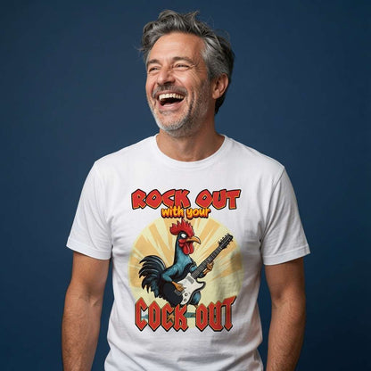 Man laughing in a white Rock Out with Your Cock Out t-shirt, mens comedy chicken pun graphic full of pure rock energy that every lad will claim