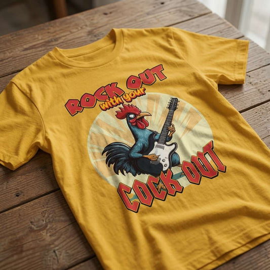 Mustard yellow Rock Out with Your Cock Out t-shirt laid flat on a wooden surface showing the full rooster guitar graphic, fun mens offensive animal design