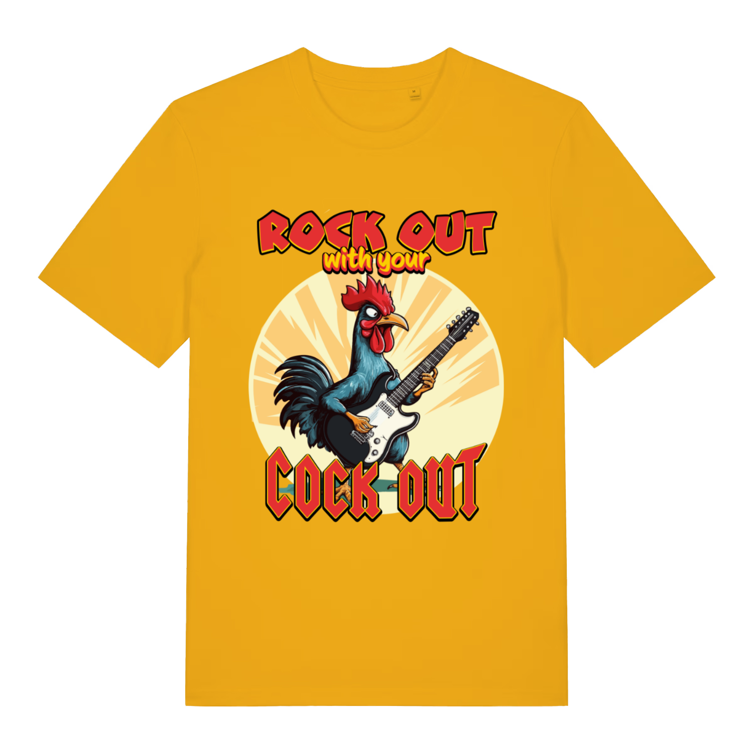 Yellow Rock Out With Your Cock Out funny graphic t-shirt with vibrant offensive animal artwork  