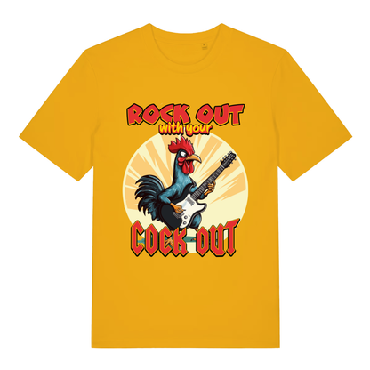 Yellow Rock Out With Your Cock Out funny graphic t-shirt with vibrant offensive animal artwork  