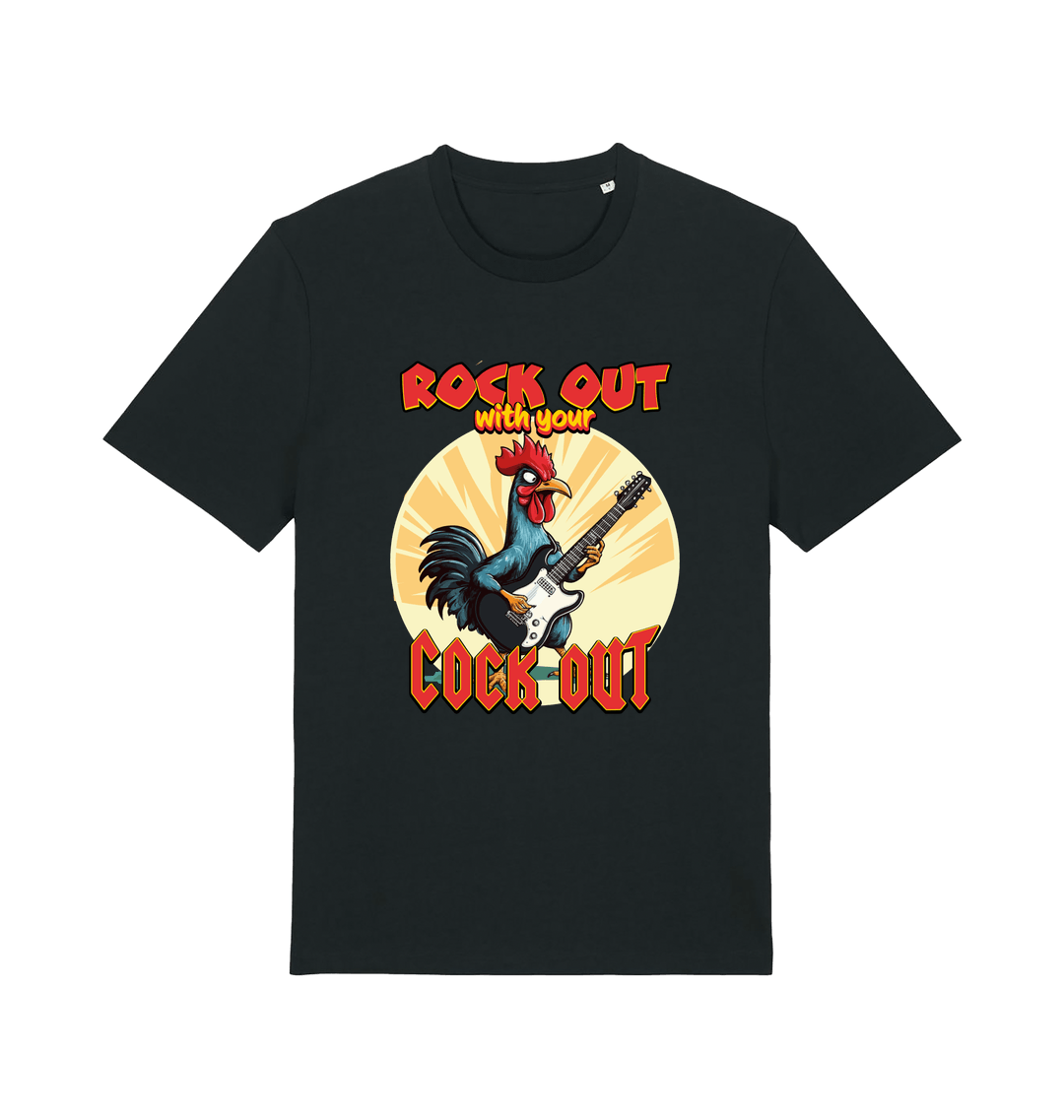 black funny offensive t-shirt with the graphic of a cockerel playing the guitar and the slogan 'rock out with your cock out' 