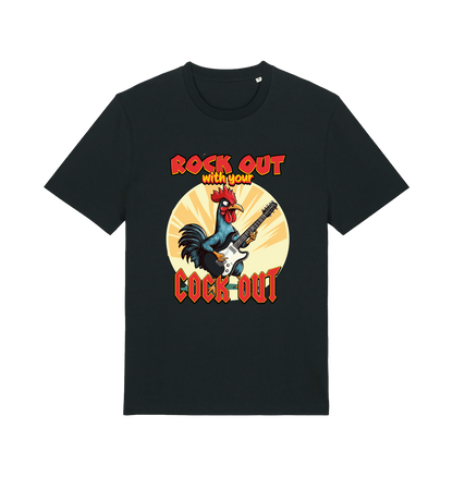 black funny offensive t-shirt with the graphic of a cockerel playing the guitar and the slogan 'rock out with your cock out' 