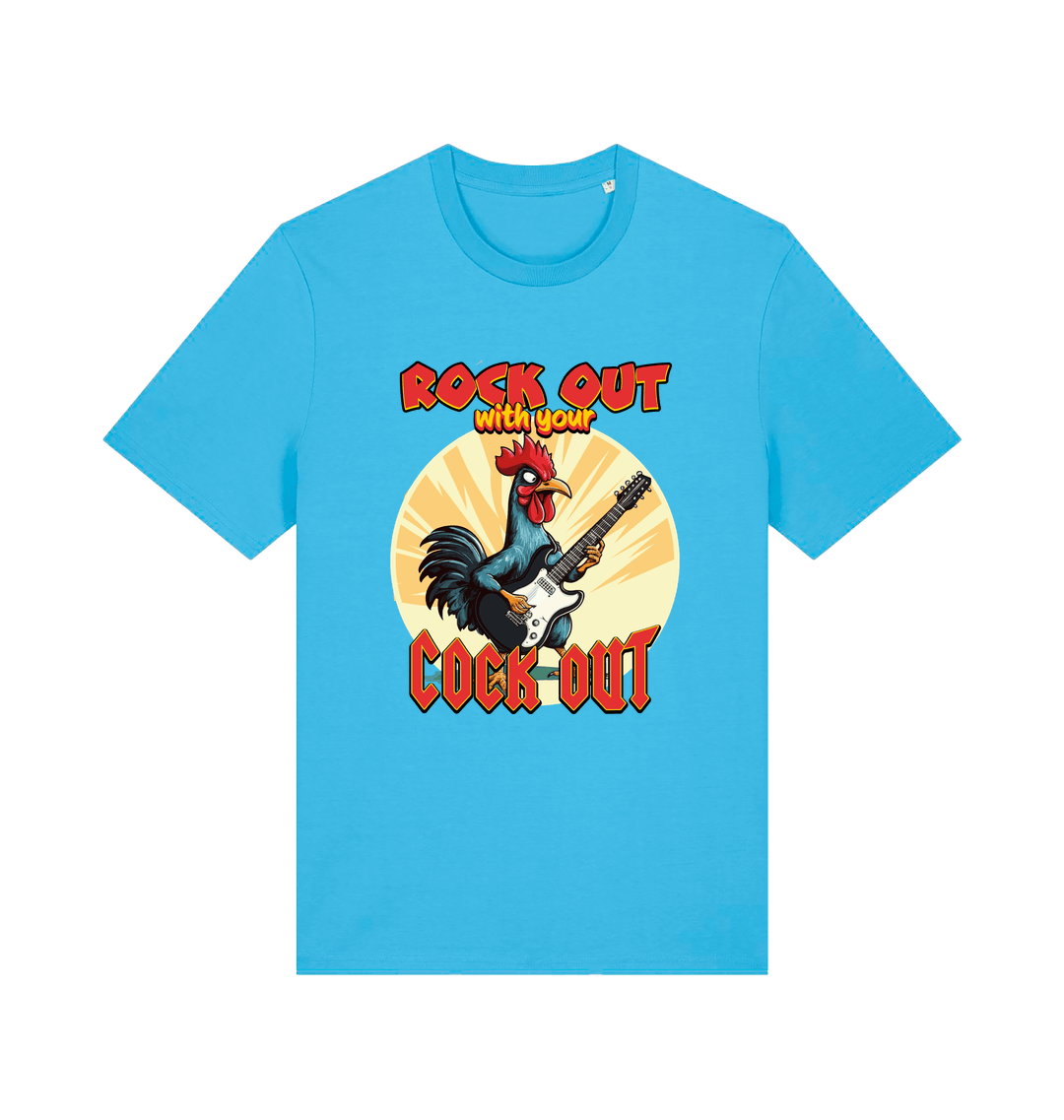blue funny offensive t-shirt with the graphic of a cockerel playing the guitar and the slogan 'rock out with your cock out' 