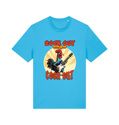 blue funny offensive t-shirt with the graphic of a cockerel playing the guitar and the slogan 'rock out with your cock out' 