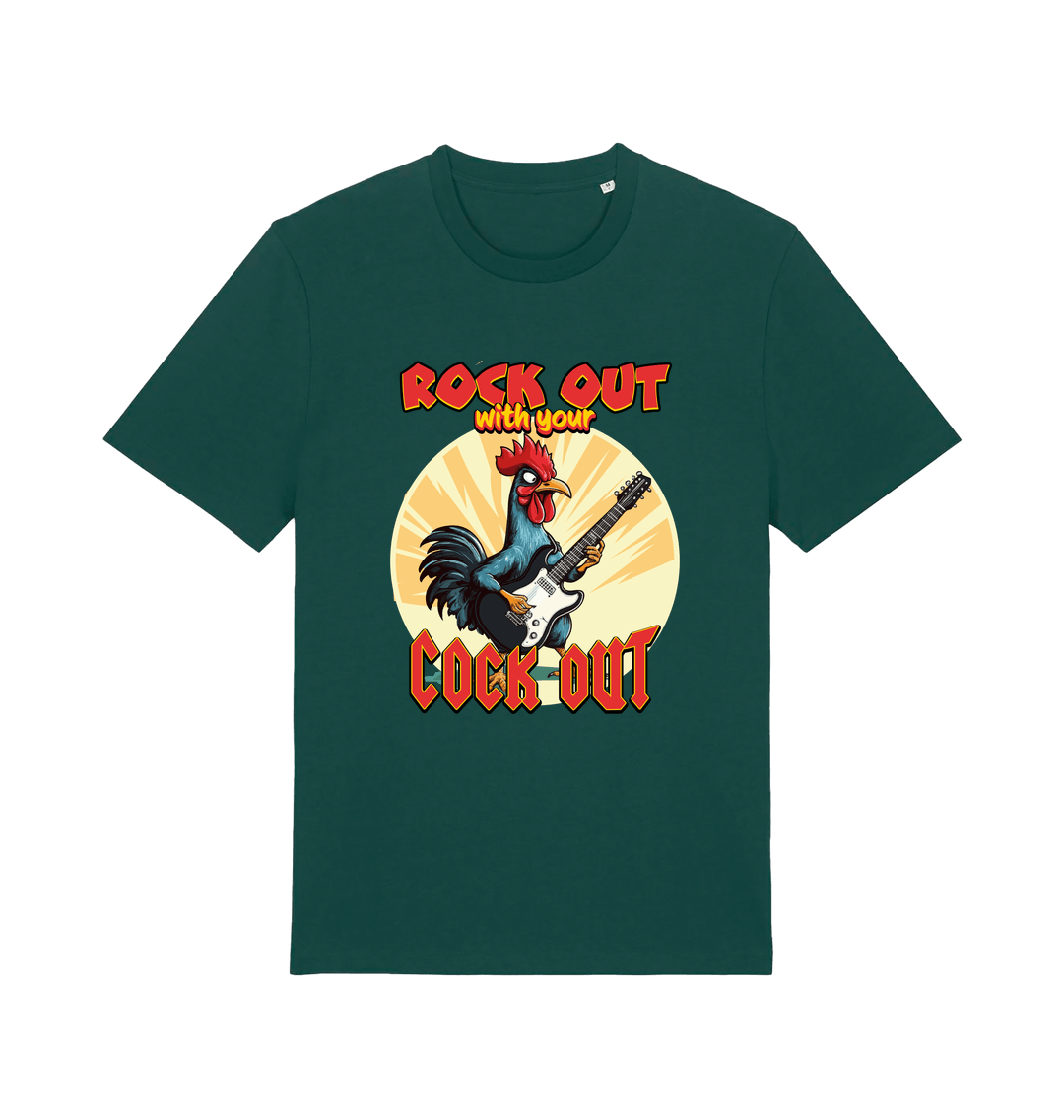 green funny offensive t-shirt with the graphic of a cockerel playing the guitar and the slogan 'rock out with your cock out' 