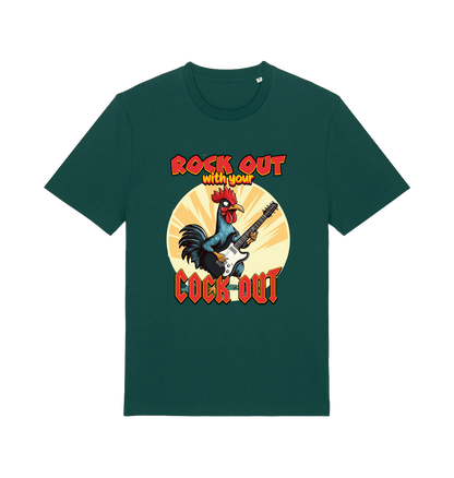 green funny offensive t-shirt with the graphic of a cockerel playing the guitar and the slogan 'rock out with your cock out' 