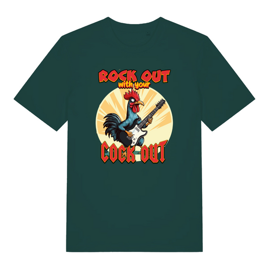 green funny animal t-shirt with the graphic of a cockerel and the slogan 'rock out with your cock out'