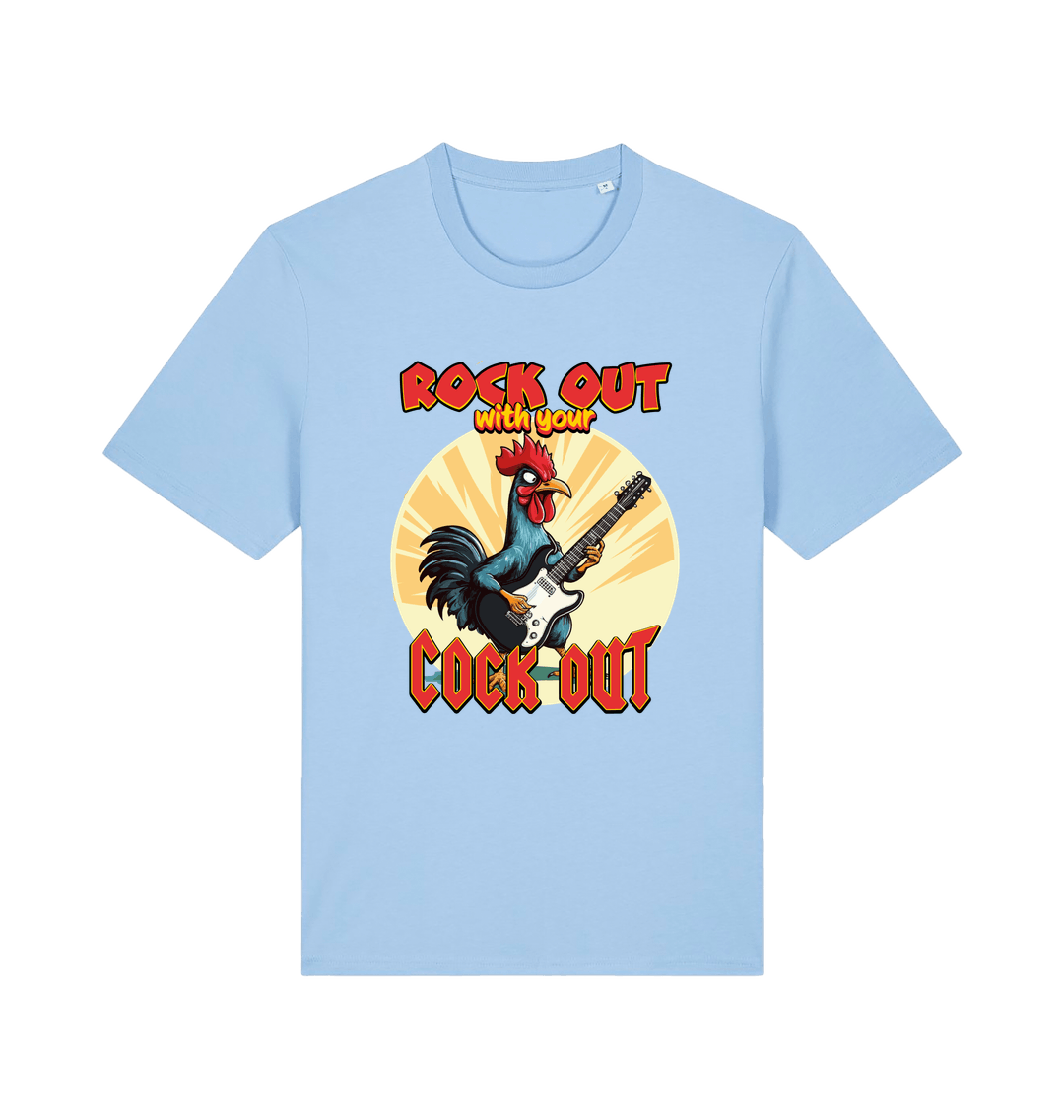 light blue funny offensive t-shirt with the graphic of a cockerel playing the guitar and the slogan 'rock out with your cock out' 