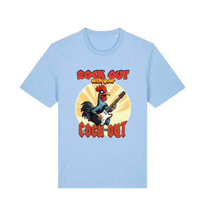 light blue funny offensive t-shirt with the graphic of a cockerel playing the guitar and the slogan 'rock out with your cock out' 