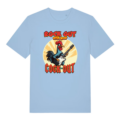 light blue funny animal t-shirt with the graphic of a cockerel and the slogan 'rock out with your cock out'
