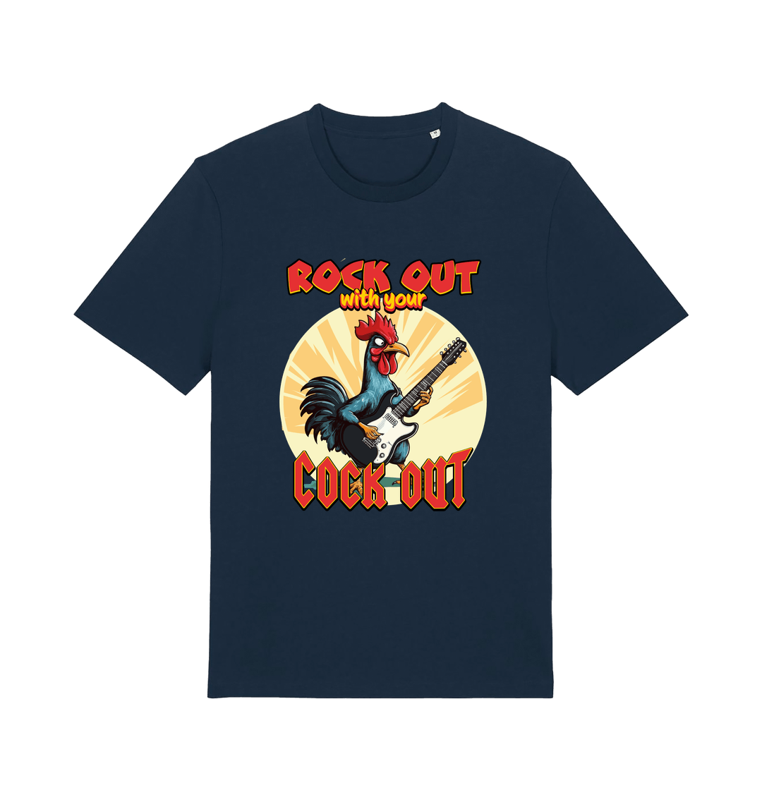 navy funny offensive t-shirt with the graphic of a cockerel playing the guitar and the slogan 'rock out with your cock out' 