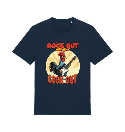 navy funny offensive t-shirt with the graphic of a cockerel playing the guitar and the slogan 'rock out with your cock out' 