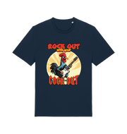 navy funny offensive t-shirt with the graphic of a cockerel playing the guitar and the slogan 'rock out with your cock out' 