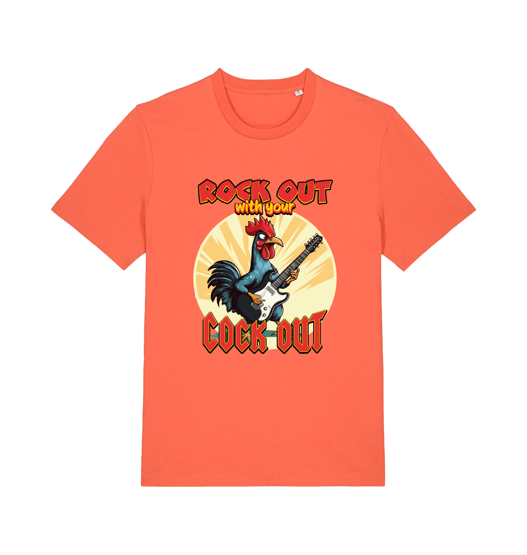 orange funny offensive t-shirt with the graphic of a cockerel playing the guitar and the slogan 'rock out with your cock out' 
