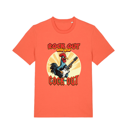 orange funny offensive t-shirt with the graphic of a cockerel playing the guitar and the slogan 'rock out with your cock out' 