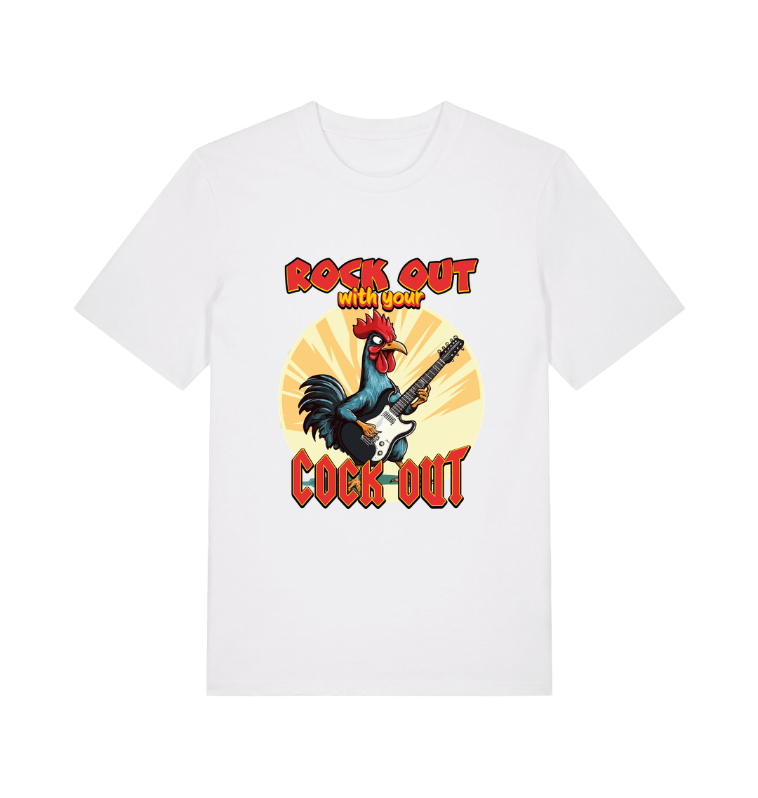 white funny offensive t-shirt with the graphic of a cockerel playing the guitar and the slogan 'rock out with your cock out' 