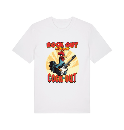 white funny offensive t-shirt with the graphic of a cockerel playing the guitar and the slogan 'rock out with your cock out' 