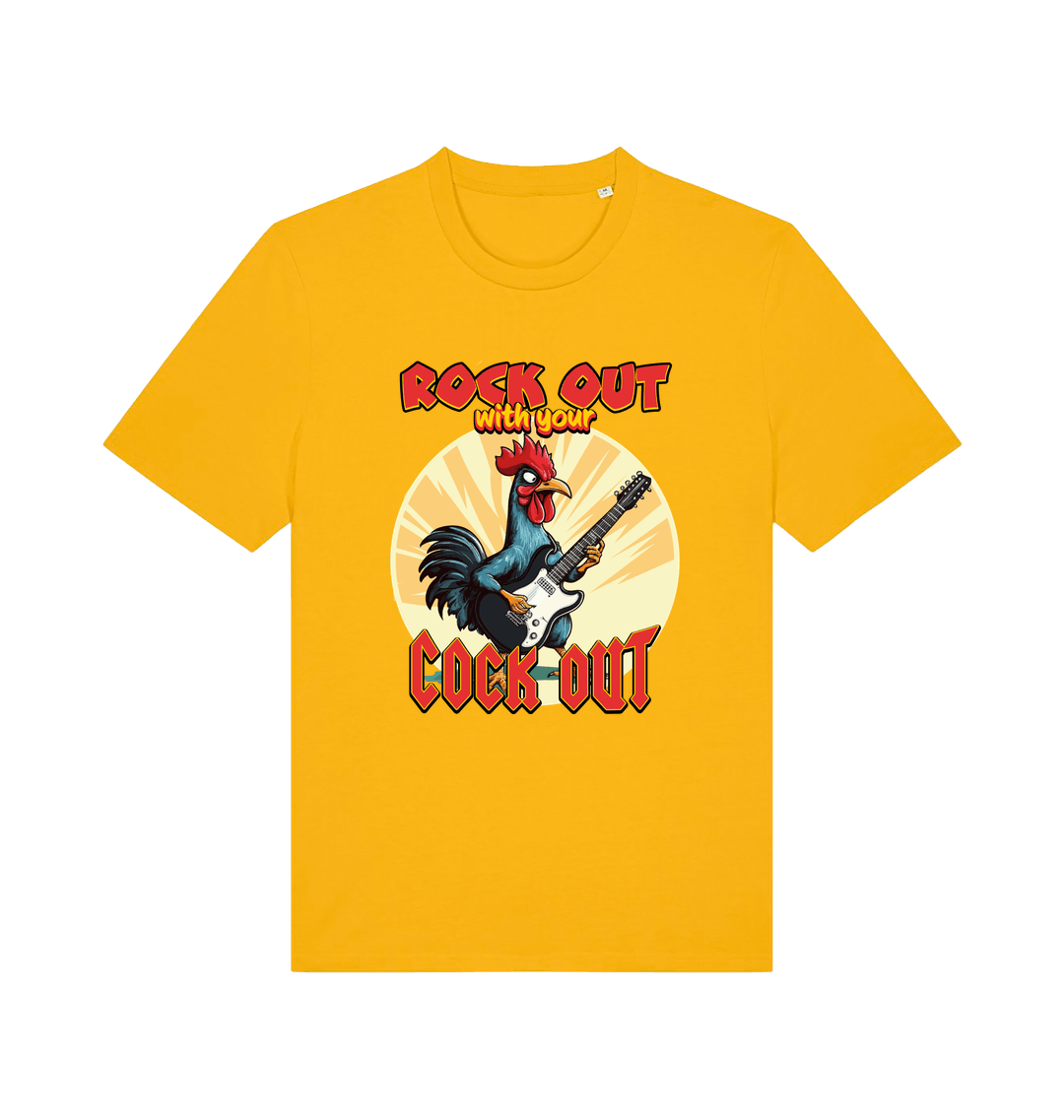 yellow funny offensive t-shirt with the graphic of a cockerel playing the guitar and the slogan 'rock out with your cock out' 