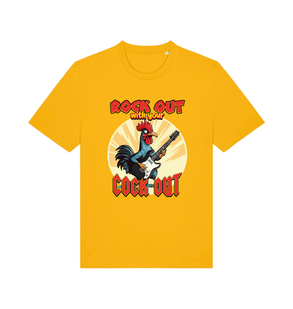 yellow funny offensive t-shirt with the graphic of a cockerel playing the guitar and the slogan 'rock out with your cock out' 