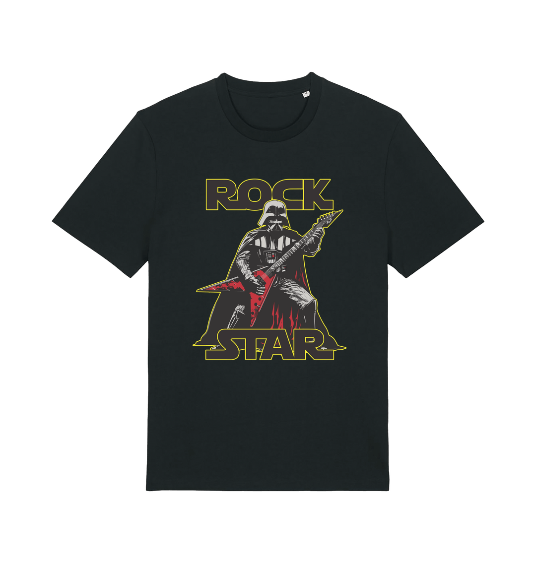 black geek t-shirt with the graphic of darth vader shredding the guitar and the slogan 'rock star'
