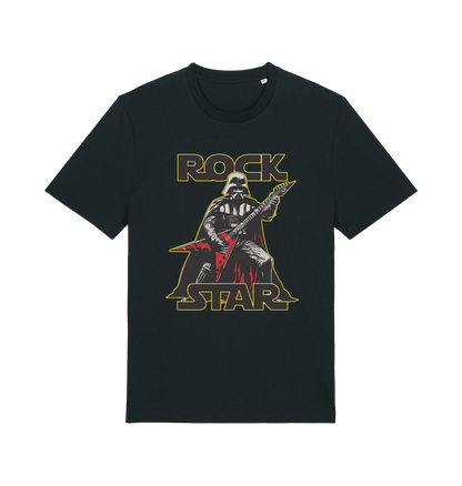 black geek t-shirt with the graphic of darth vader shredding the guitar and the slogan 'rock star'
