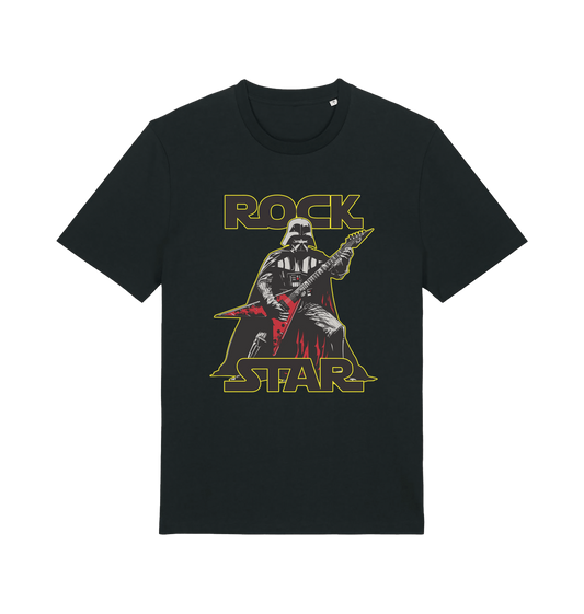 black geek t-shirt with the graphic of darth vader shredding the guitar and the slogan 'rock star'