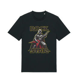 black geek t-shirt with the graphic of darth vader shredding the guitar and the slogan 'rock star'