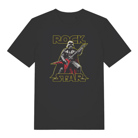 black geek t-shirt with the graphic of a dark jedi knight playing a guitar and the text 'rock star'