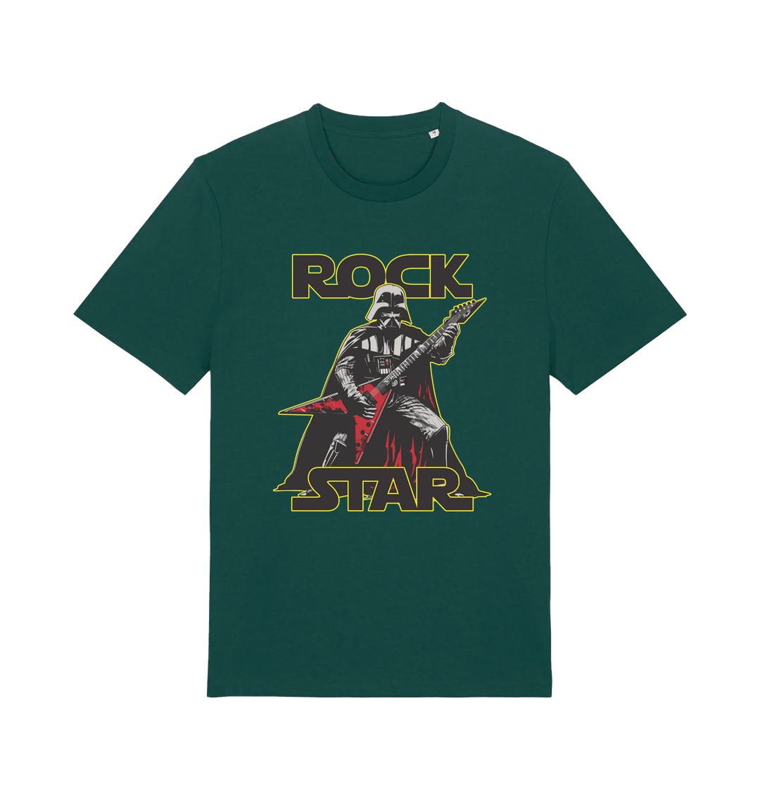 green geek t-shirt with the graphic of darth vader shredding the guitar and the slogan 'rock star'