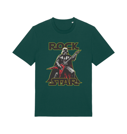 green geek t-shirt with the graphic of darth vader shredding the guitar and the slogan 'rock star'