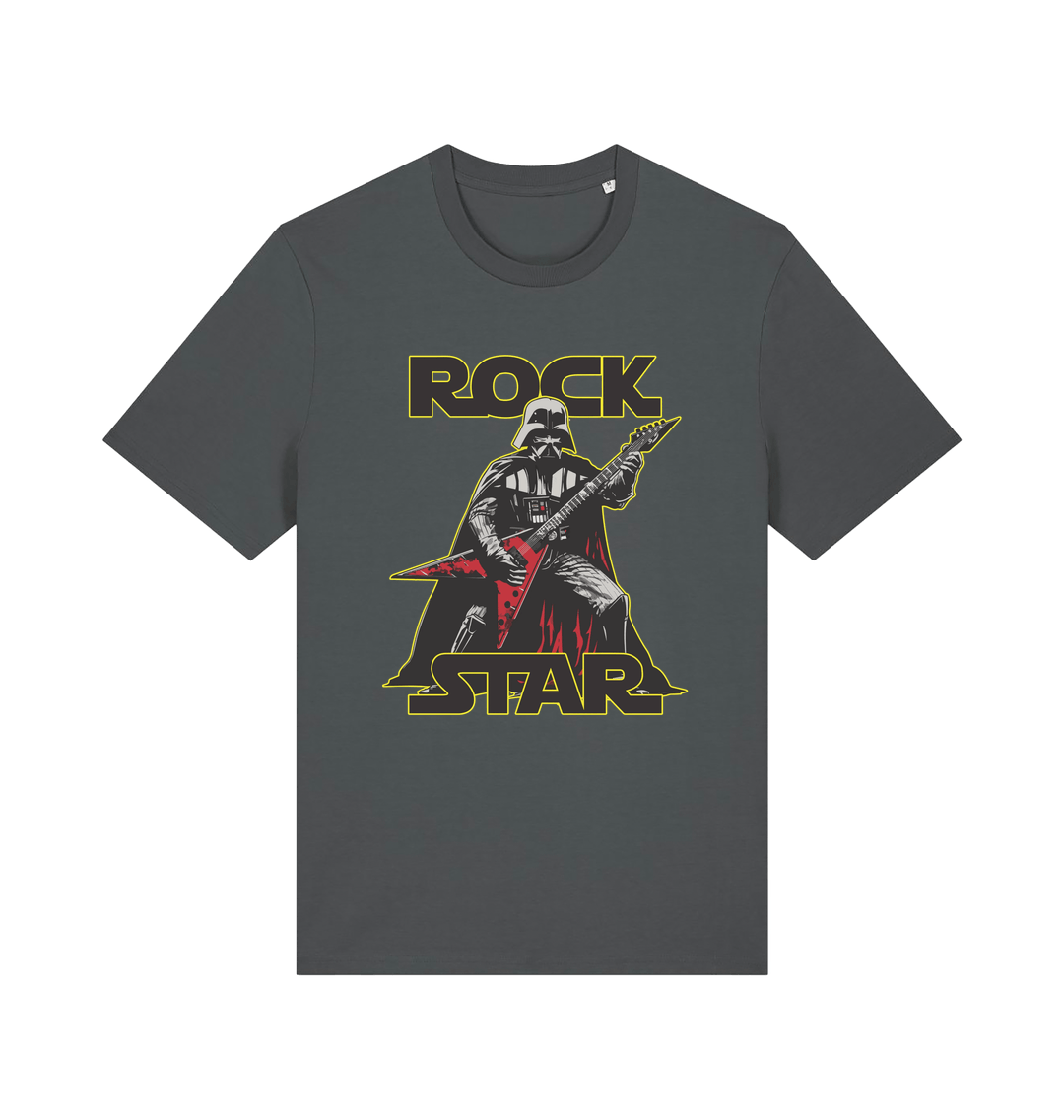 grey geek t-shirt with the graphic of darth vader shredding the guitar and the slogan 'rock star'