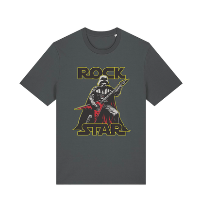 grey geek t-shirt with the graphic of darth vader shredding the guitar and the slogan 'rock star'