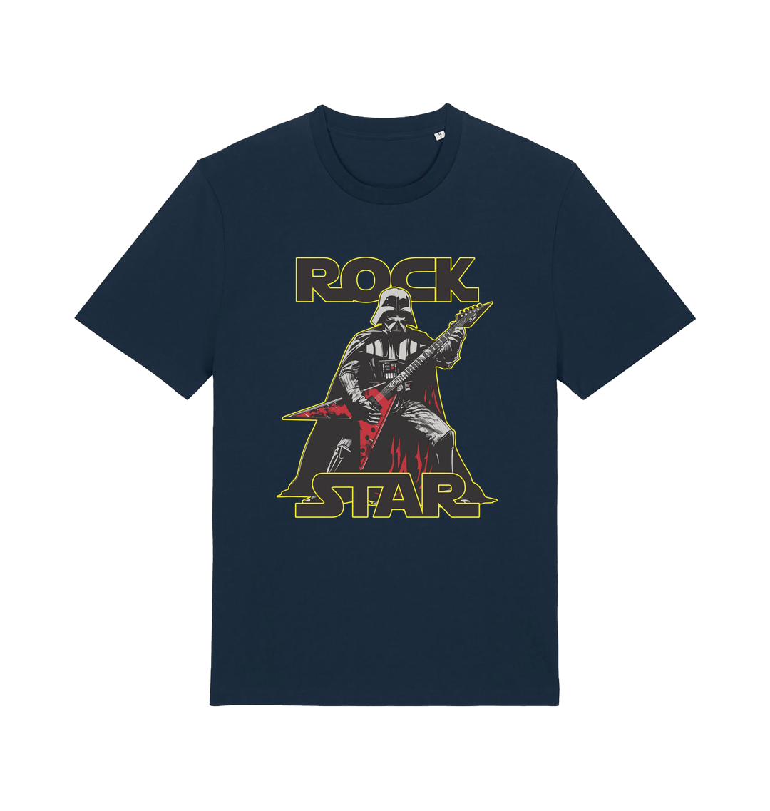 navy geek t-shirt with the graphic of darth vader shredding the guitar and the slogan 'rock star'