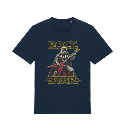 navy geek t-shirt with the graphic of darth vader shredding the guitar and the slogan 'rock star'