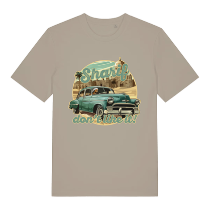 Beige Sharif Don't Like It funny graphic t-shirt with vintage car Rock the Casbah design  
