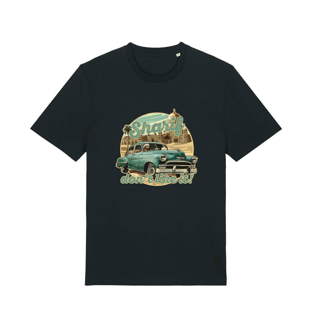 black music t-shirt with the graphic of a car and the slogan 'sharif don't like it'