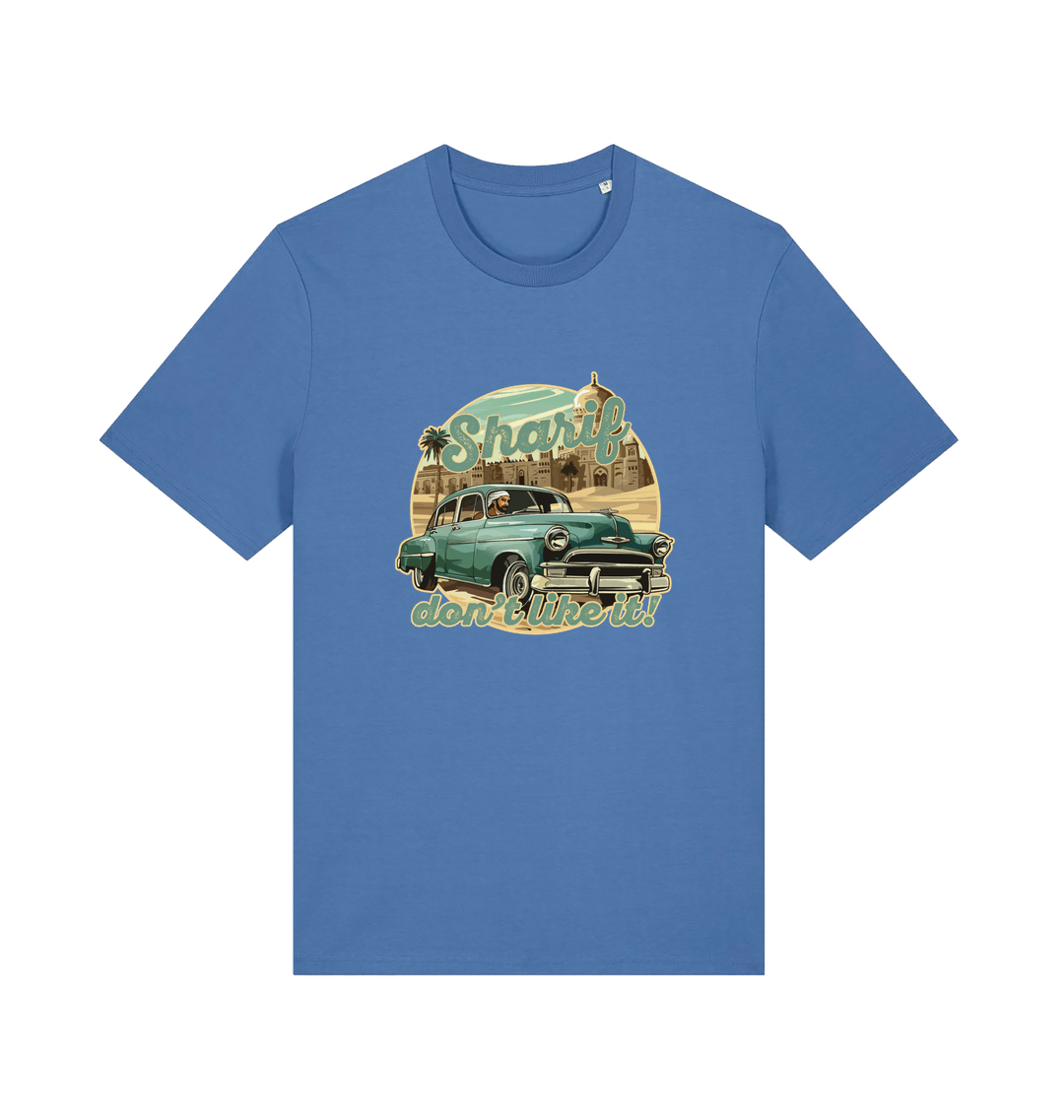 blue music t-shirt with the graphic of a car and the slogan 'sharif don't like it'