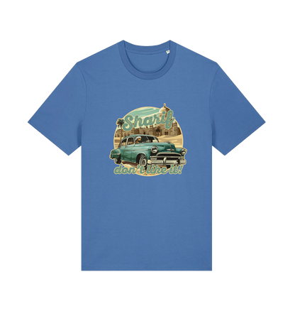 blue music t-shirt with the graphic of a car and the slogan 'sharif don't like it'