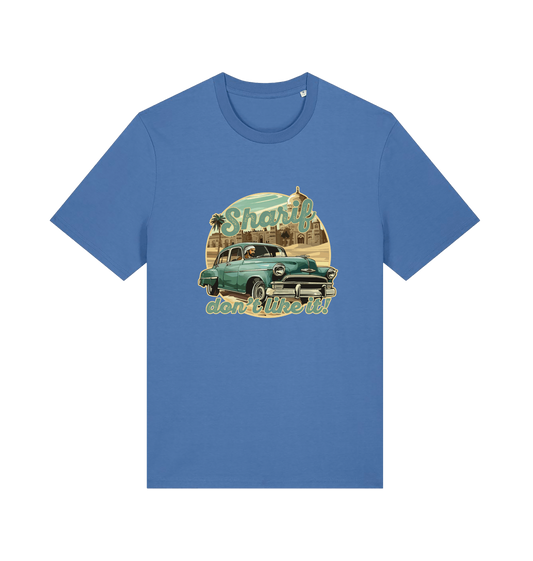 blue music t-shirt with the graphic of a car and the slogan 'sharif don't like it'