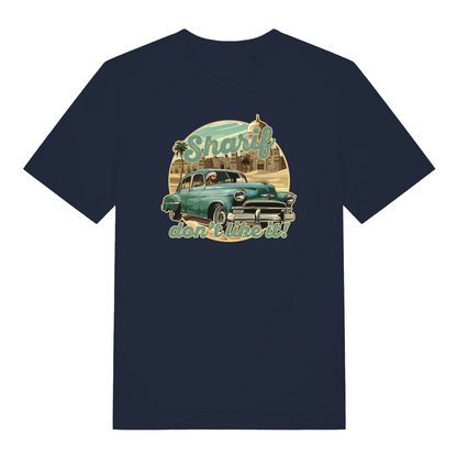 navy music t-shirt with the graphic of a vintage car and the slogan 'sharif don't like it'