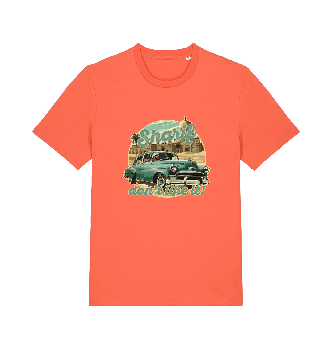 orange music t-shirt with the graphic of a car and the slogan 'sharif don't like it'