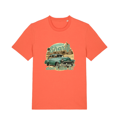 orange music t-shirt with the graphic of a car and the slogan 'sharif don't like it'