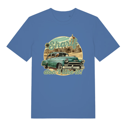 Blue Sharif Don't Like It funny graphic t-shirt showing vintage car desert scene  