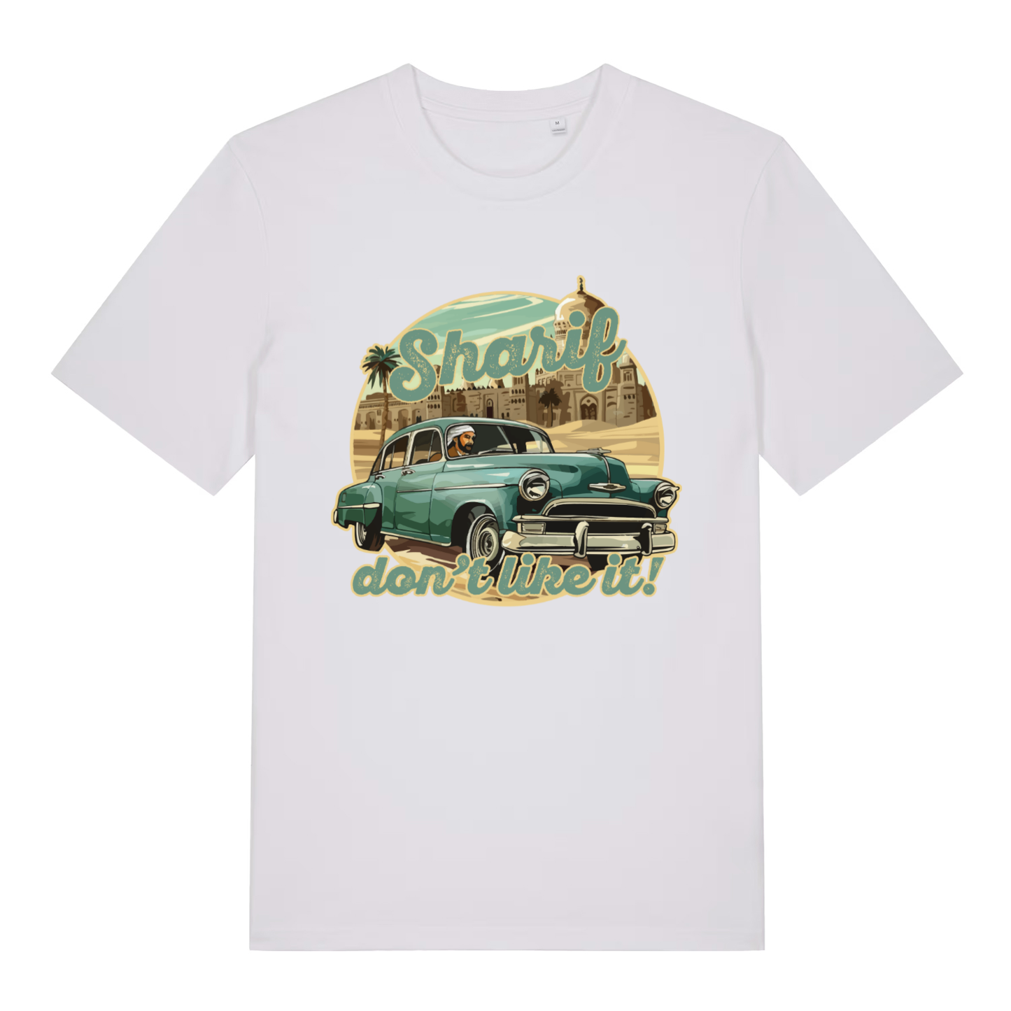 White Sharif Don't Like It funny graphic t-shirt with classic Clash inspired design  