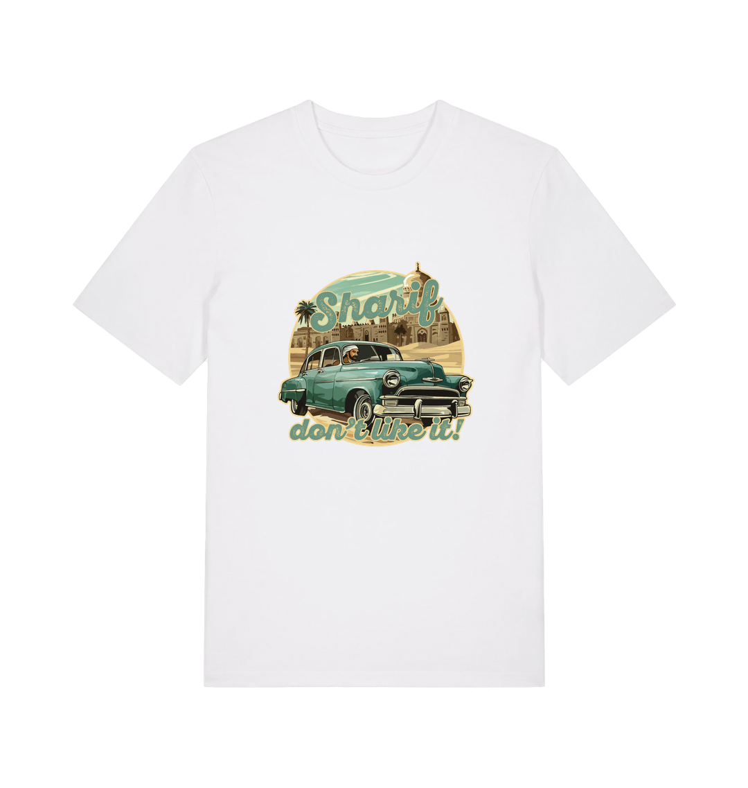 white music t-shirt with the graphic of a car and the slogan 'sharif don't like it'