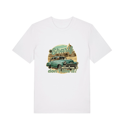 white music t-shirt with the graphic of a car and the slogan 'sharif don't like it'