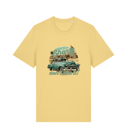 yellow music t-shirt with the graphic of a car and the slogan 'sharif don't like it'