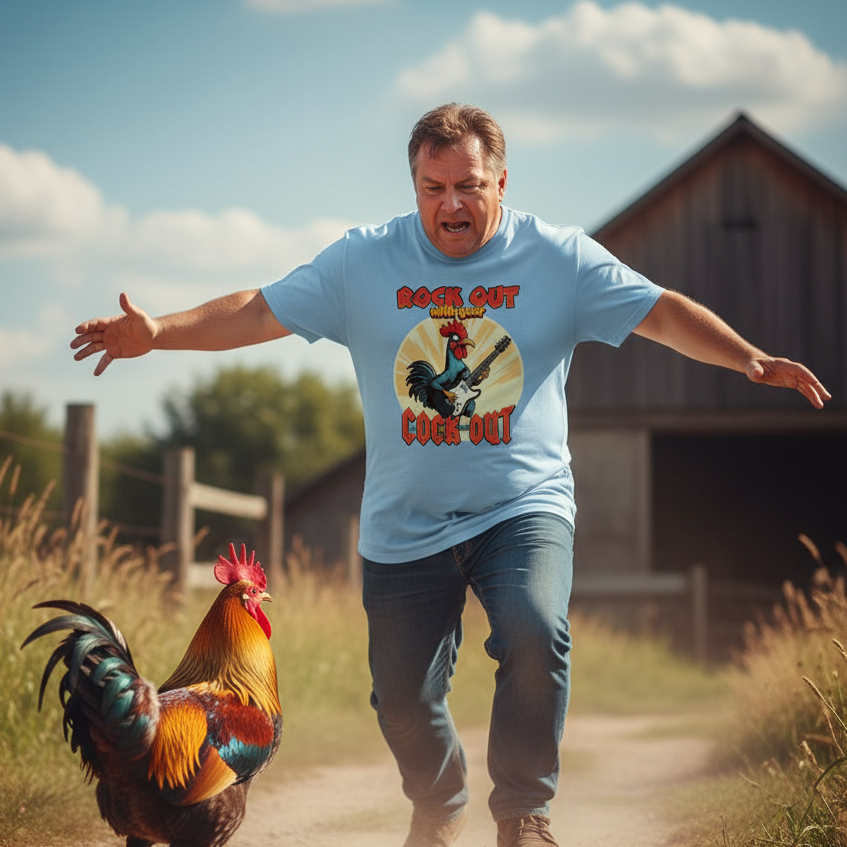 Man in a blue t-shirt with a rooster graphic running on a dirt path with a rooster nearby.